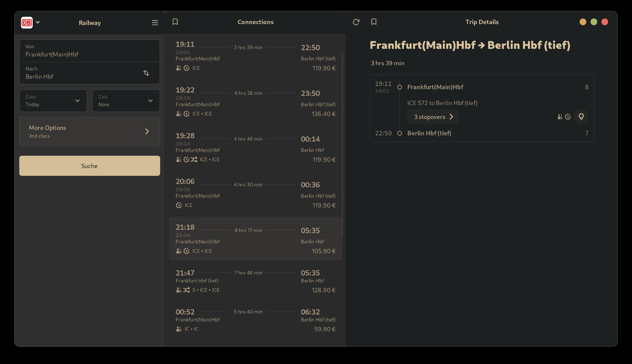 A screenshot of railway running on debian showing trips from Frankfurt to Berlin