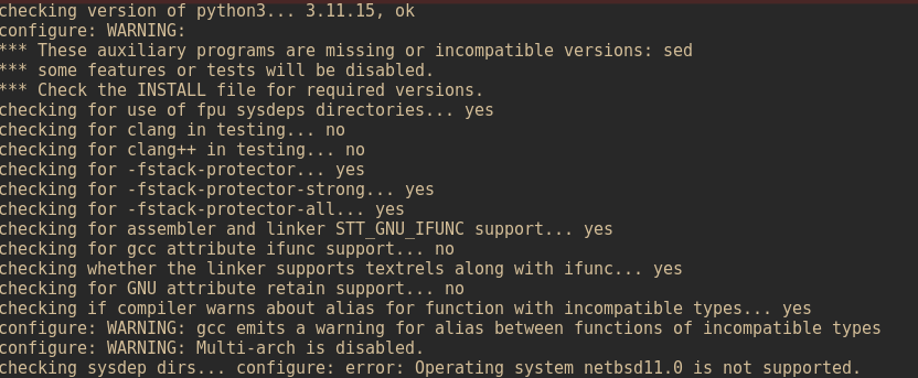 The configure output from glibc. It fails with "Configure error: Operating system netbsd11.0 is not supported"
