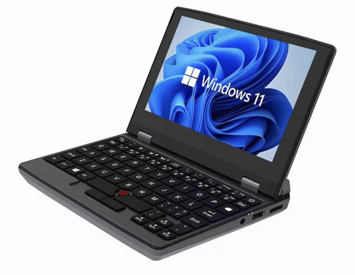 Product photo of a tiny 7” laptop in black Product photo of a tiny 7” laptop in black