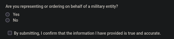 A checkbox asking if I am representing or ondering on behalf of a military entity