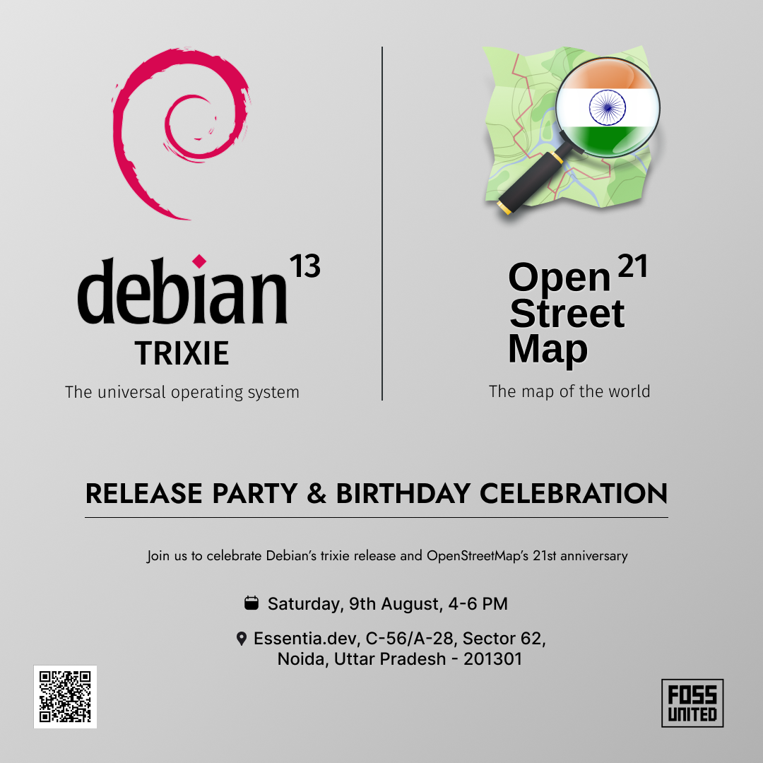 Debian 13 trixie and OpenStreetMap 21st birthday party poster