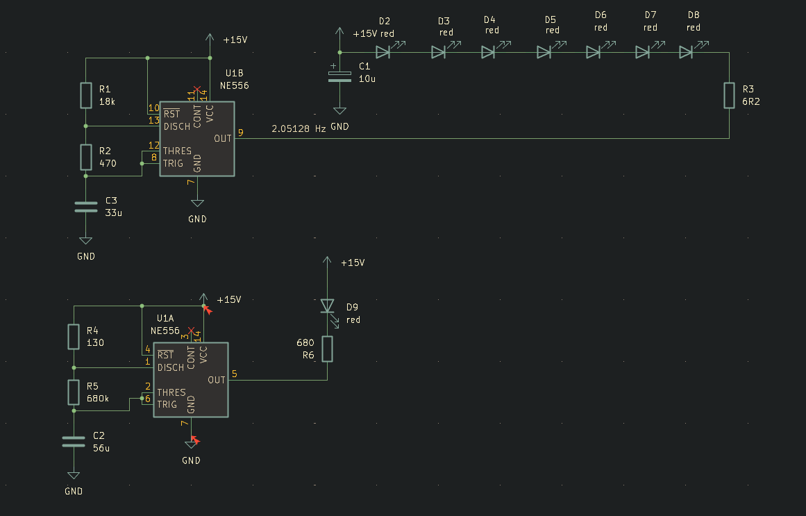 A KiCad screenshot showing a circuit with multiple LEDs connected in series.