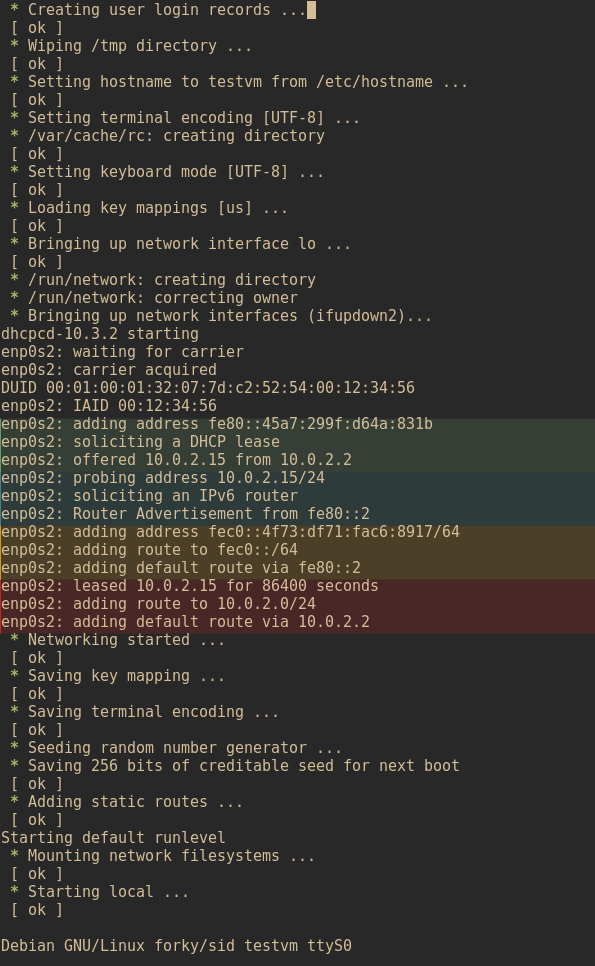 A terminal screenshot showing openrc booting Debian in qemu, with the network interfaces being started.