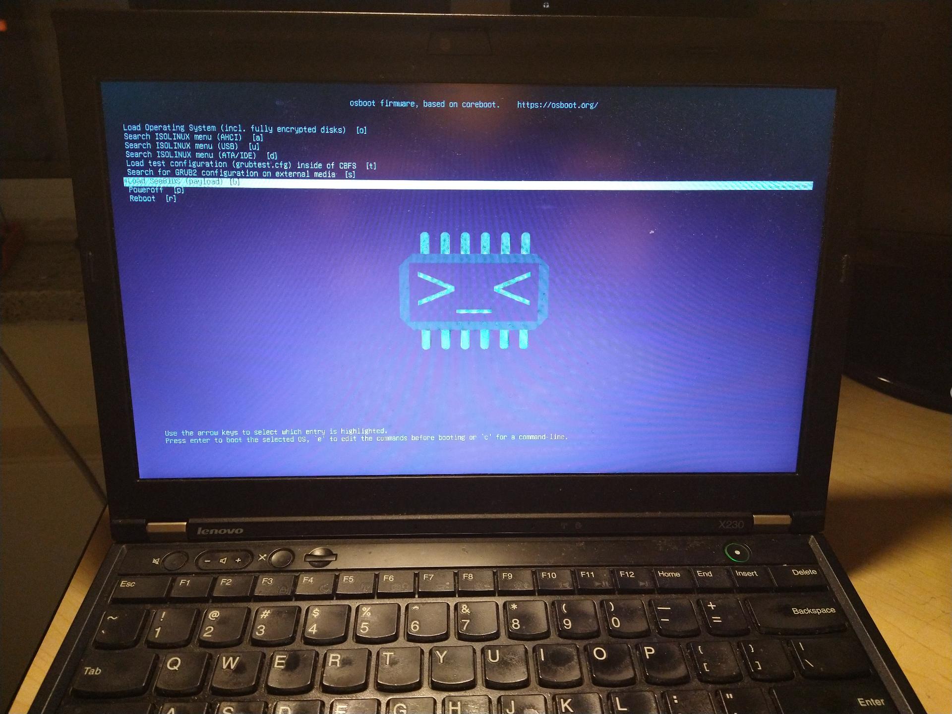 osboot screen (grub payload) running on my x230. Cool osboot logo is displayed