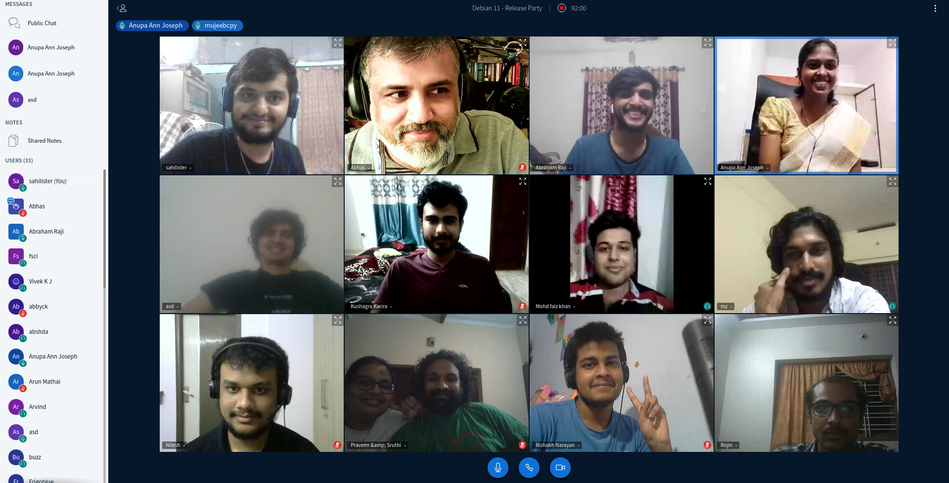A screenshot of BigBlueButton room with folks who participated in the virtual Debian release party, India