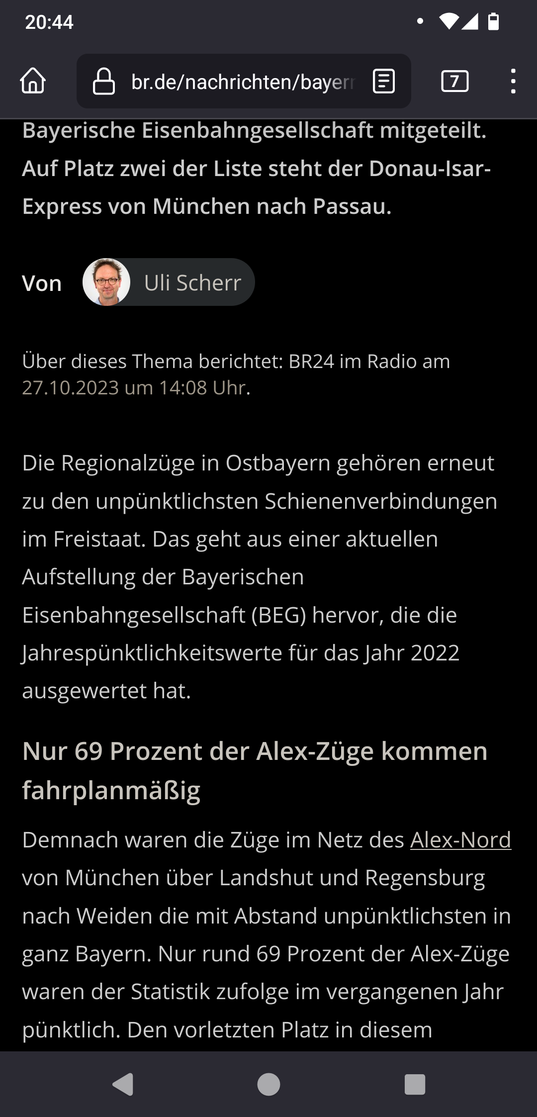 BR artikel über die Unpünktlichkeit der Züge in Ostbayern