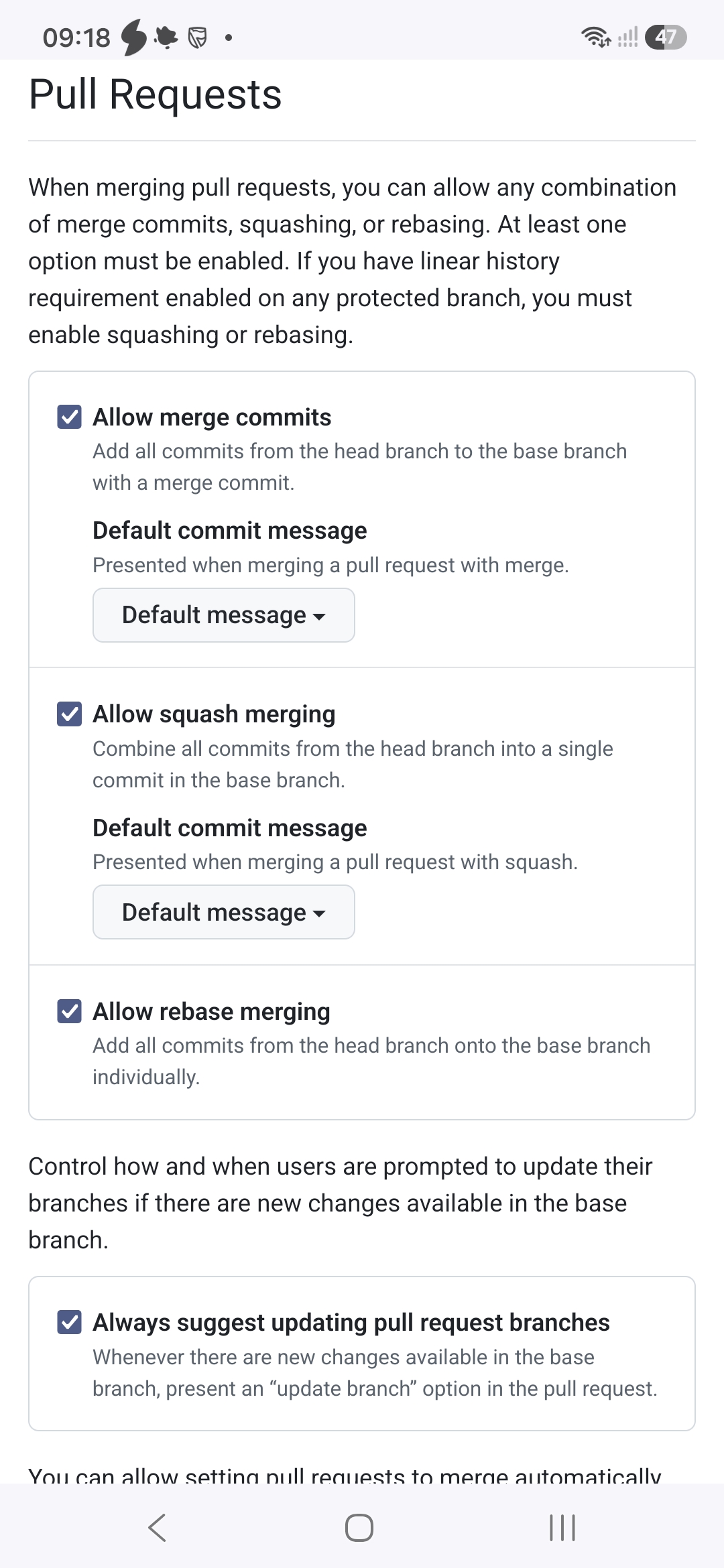 screenshot of the pull request options in GitHub's UI