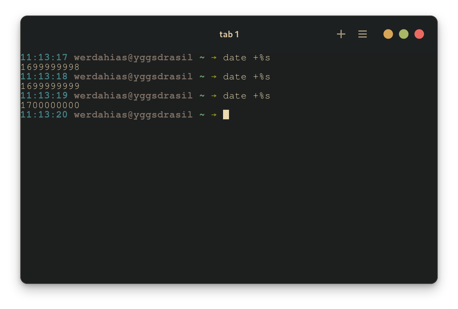 A terminal window showing the UNIX timestamp 1700000000