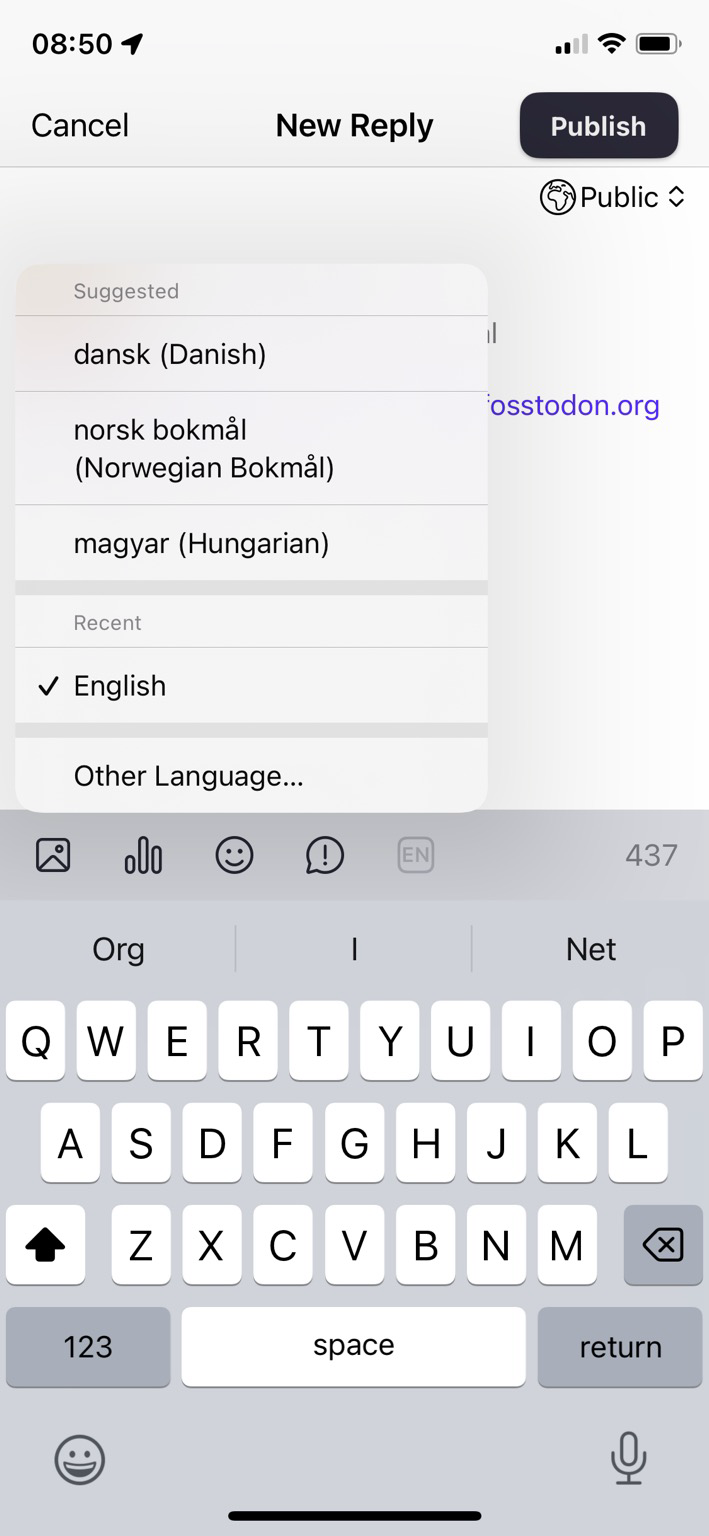Screenshot of mastodon iOS app’s posting interface