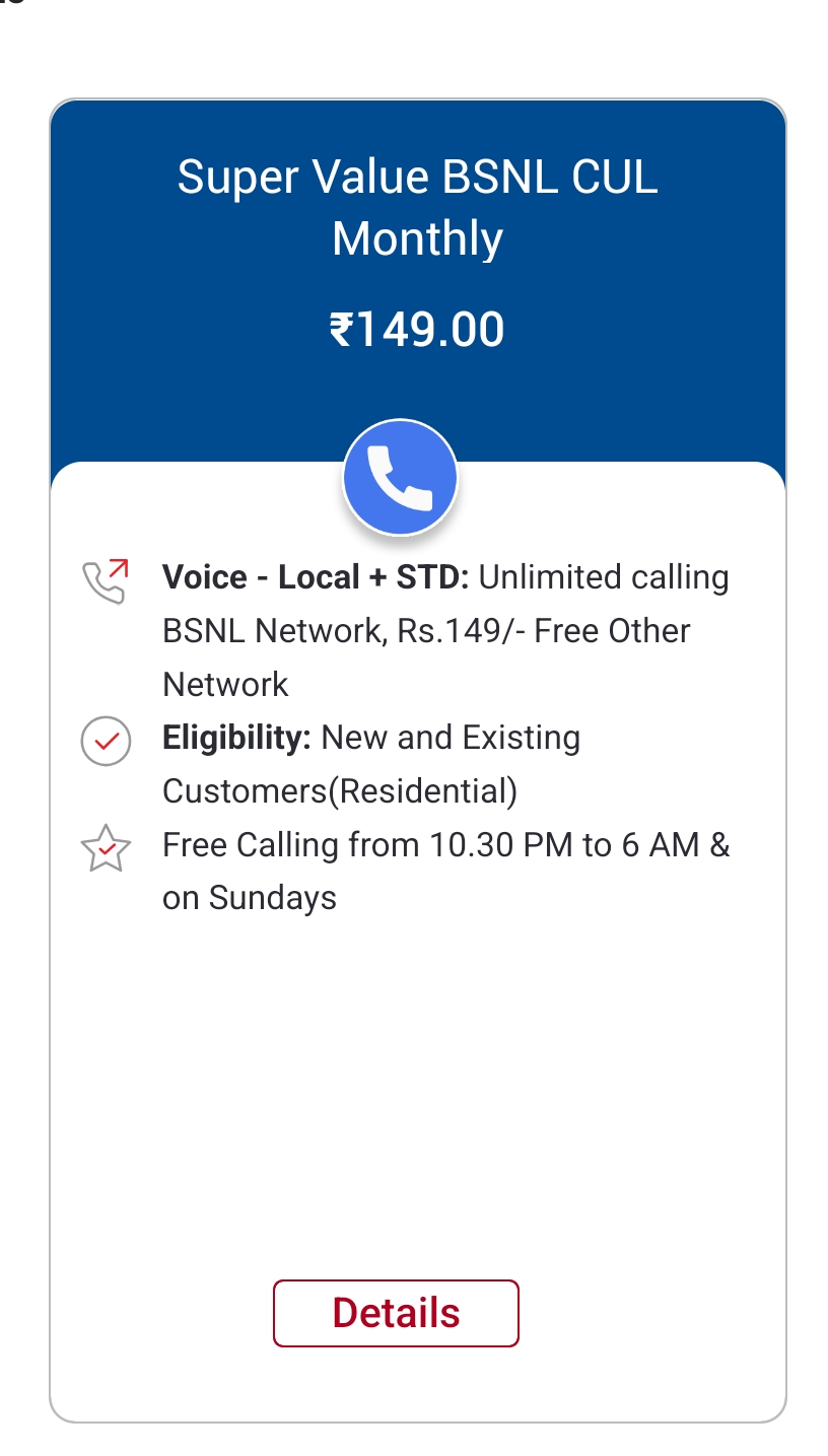 Cropped screenshot from BSNL (Indian teleco and ISP) offering unlimited calling only to other BSNL subscribers, with off hour calls between 10:30 PM to 6 AM, plus Sundays for 159 INR a month! (2 euros)