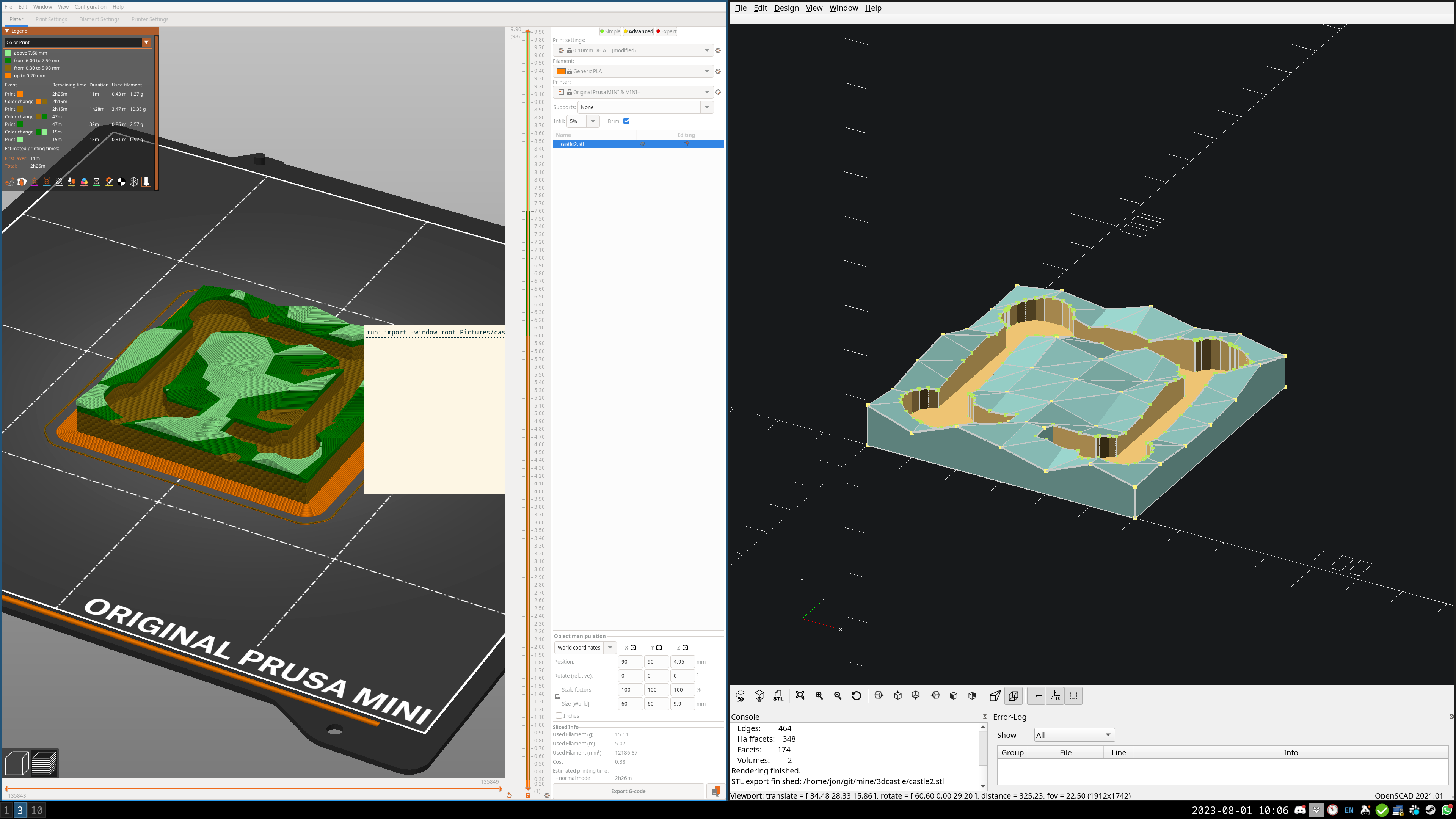 OpenSCAD and Prusa Slicer side-by-side, showing a model of a grass base configured to print in multicolour