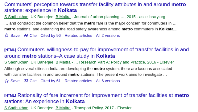 Google Scholar entries for three journal articles headlining a better transfer system even at the cost of higher fares, all by the same three authors over the course of three years