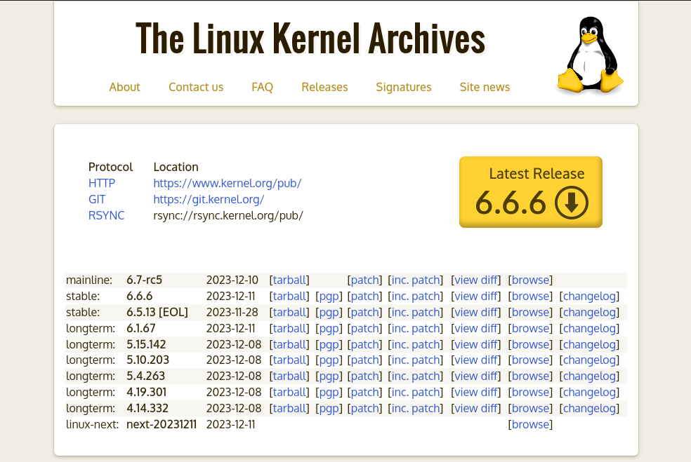 Screenshot of kernel.org website indicating the 6.6.6 release of the Linux kernel