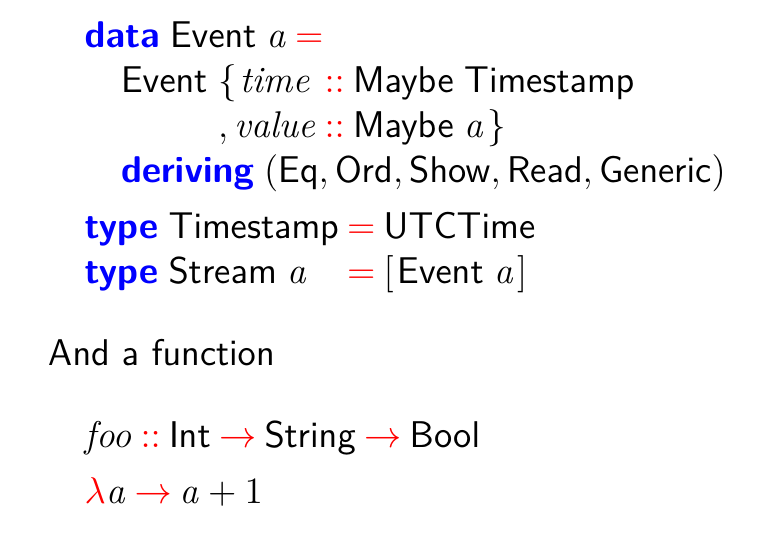 formatted haskell code with keywords bold and blue, syntax symbols coloured red, sans-serif fonts, and variable names italic