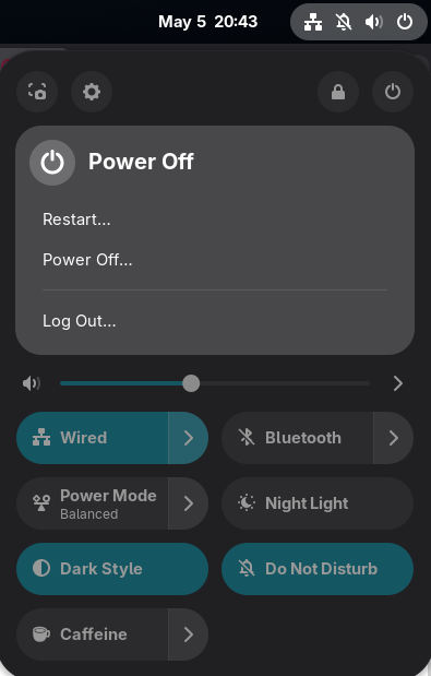 Screenshot of GNOME menu with Reboot..., Powe Off... and Log Out... but no Suspend... option