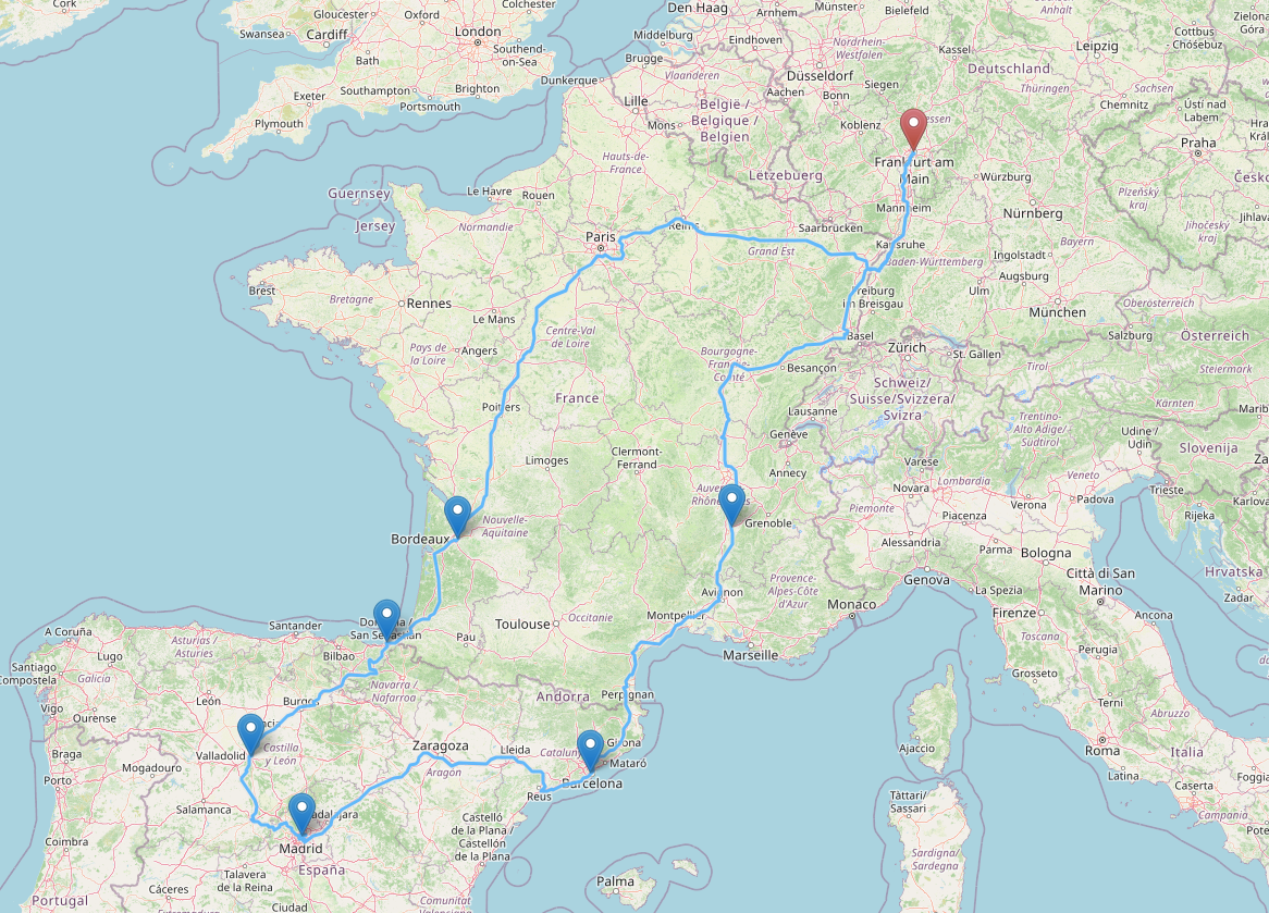 A map of Europe detailing my (planned) rail trip: Frankfurt -> Valence -> Barcelona -> Madrid -> San Sebastian -> Bordeaux -> Frankfurt
