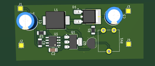 A screenshot of the 3D viewer i n KiCad, showing a almost fully layout cricuit board.