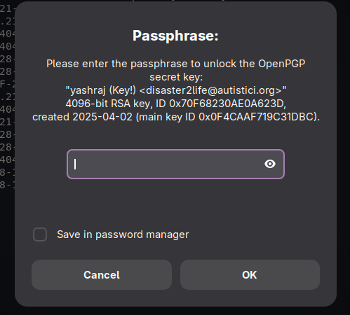 gnome keyring asking for the key passphrase, with an option to tick to save it in the gnome password manager