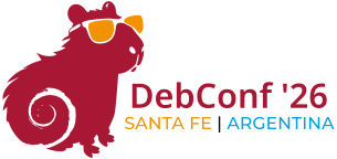 DebConf26 logo with a Capybara with specs. DebConf'26 Santa Fe | Argentina is written. 