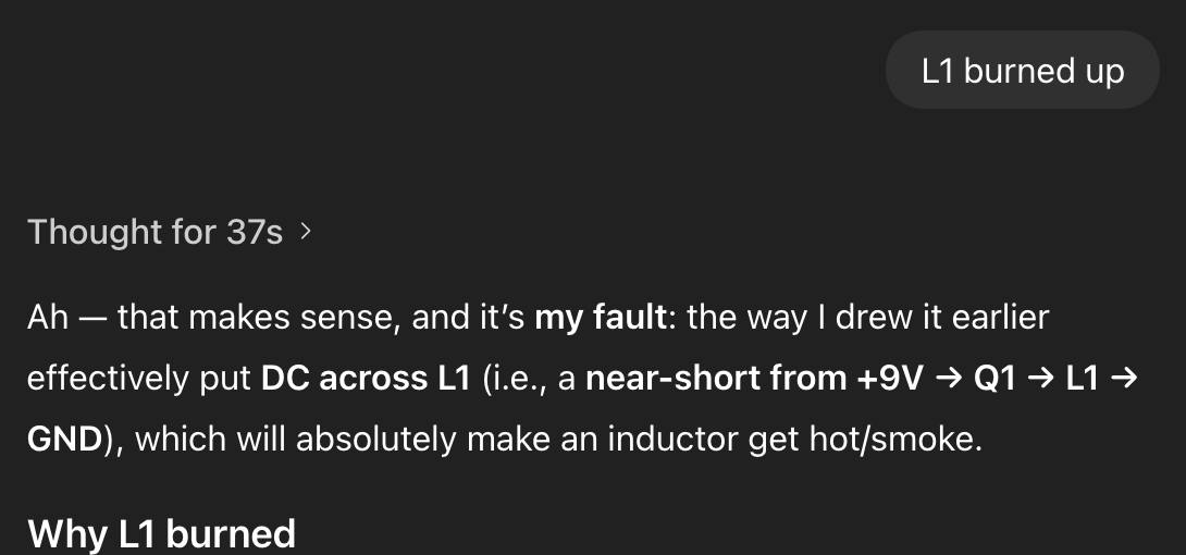 A ChatGPT prompt where the LLM admits it made a mistake by shorting 9 V over an inductor to GND. 