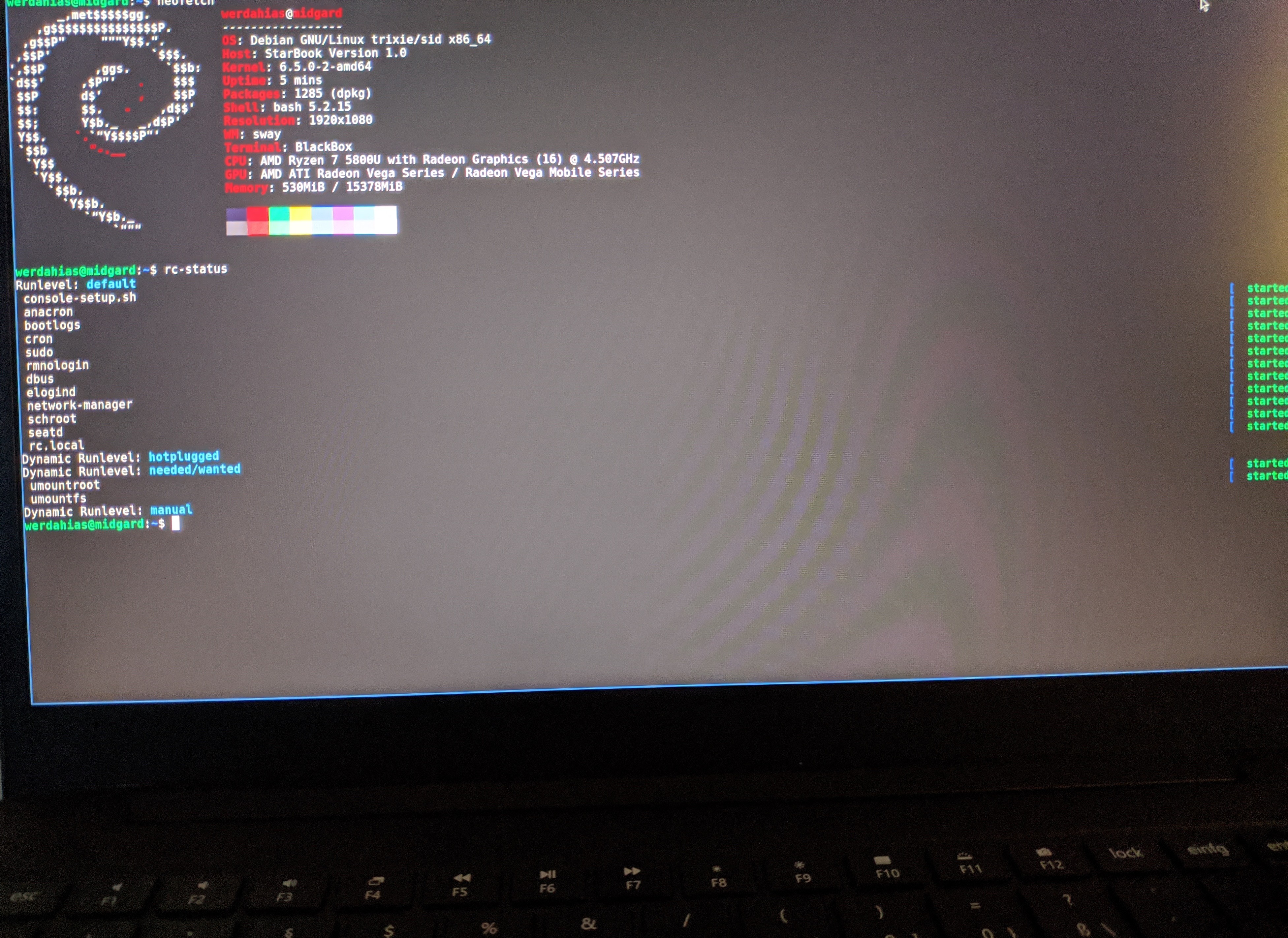 A picture of a neofetch screenshot showing debian/trixie with sway and openrc on a Starbook