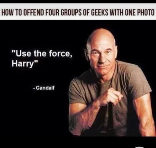 A picture with a superscription: "How to offend four groups of geeks with one photo"

Below that, a picture of Patrick Stewart, with a byline saying:

"Use the Force, Harry"

With that line attributed to "Gandalf"