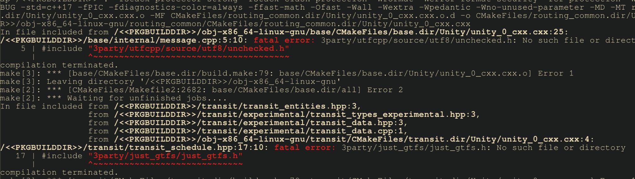 A cmake build log erroring out