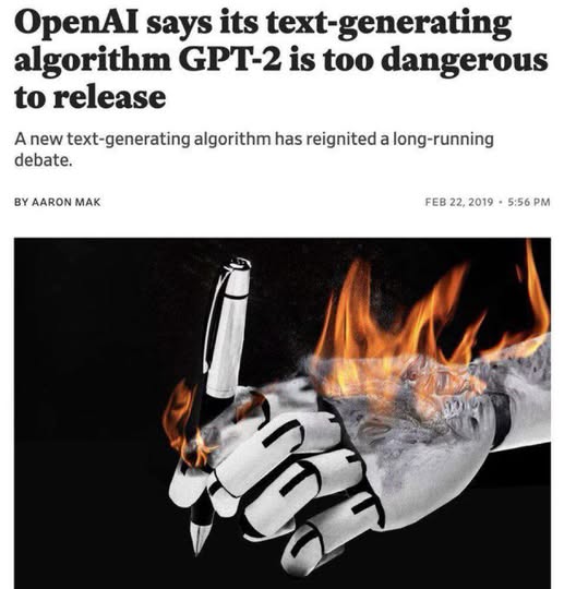 Article headline screenshot from 2019 where Sam Altman claims that  GPT-2 is too dangerous to release.
