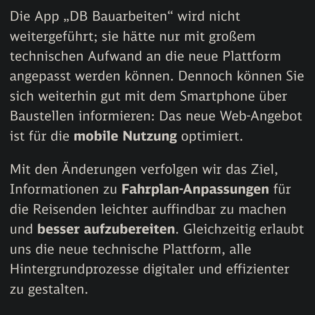 Screenshot der DB website der aussagt dass die DB Bauarbeiten App eingestellt wird