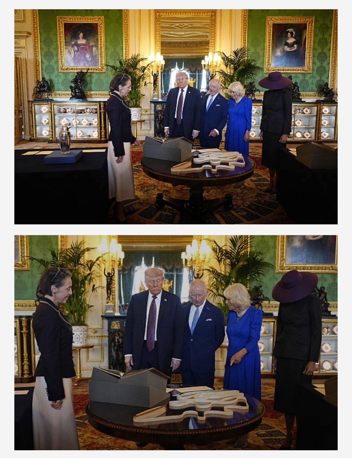 Picture of UK Royals, Donald Trump and Melania Trump at Windsor castle. Melania is unrecognisable as she is completely covered up, with her face completely obscured by a hat.