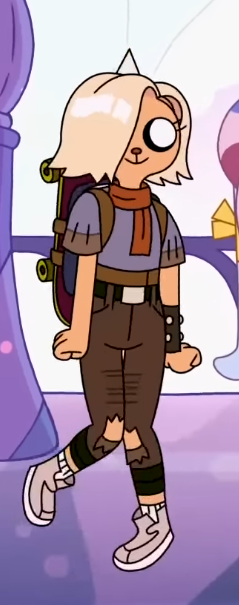 Screen capture of Bronwyn from Adventure Time Obsidian where shes in the background carrying her skateboard and VIBING to the music
