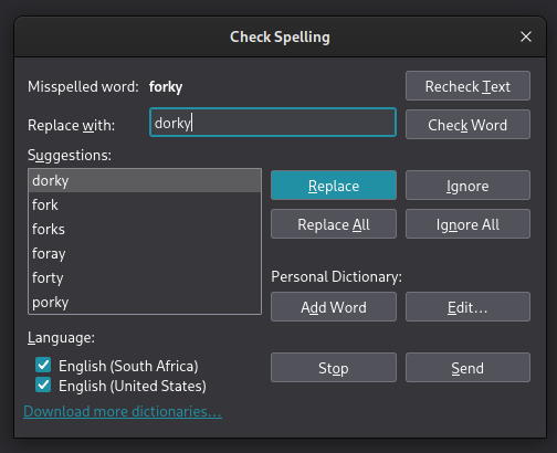 Screenshot of Thunderbird's spell check, suggesting "dorky" as a replacement for "forky" (next Debian release codename)