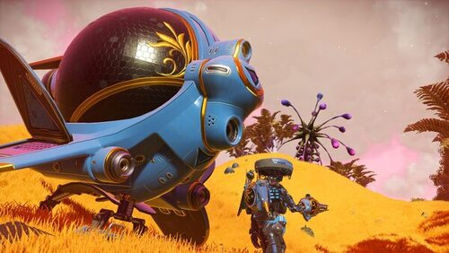 The HMS Blueberry starship, next to my colour-matched player (Screenshot from No Man's Sky)