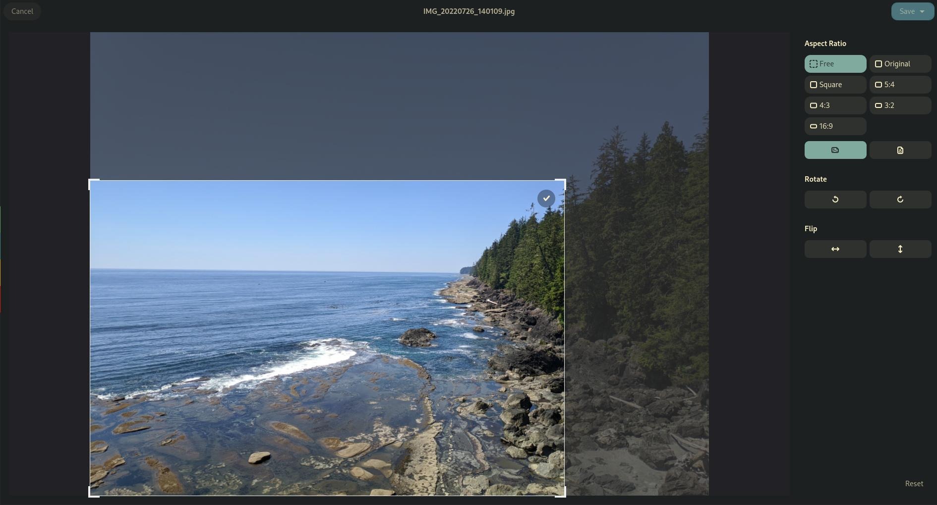 A image from Canada's west coast being opened in Loupe 48.beta on Debian, showing the image editing capabilities.