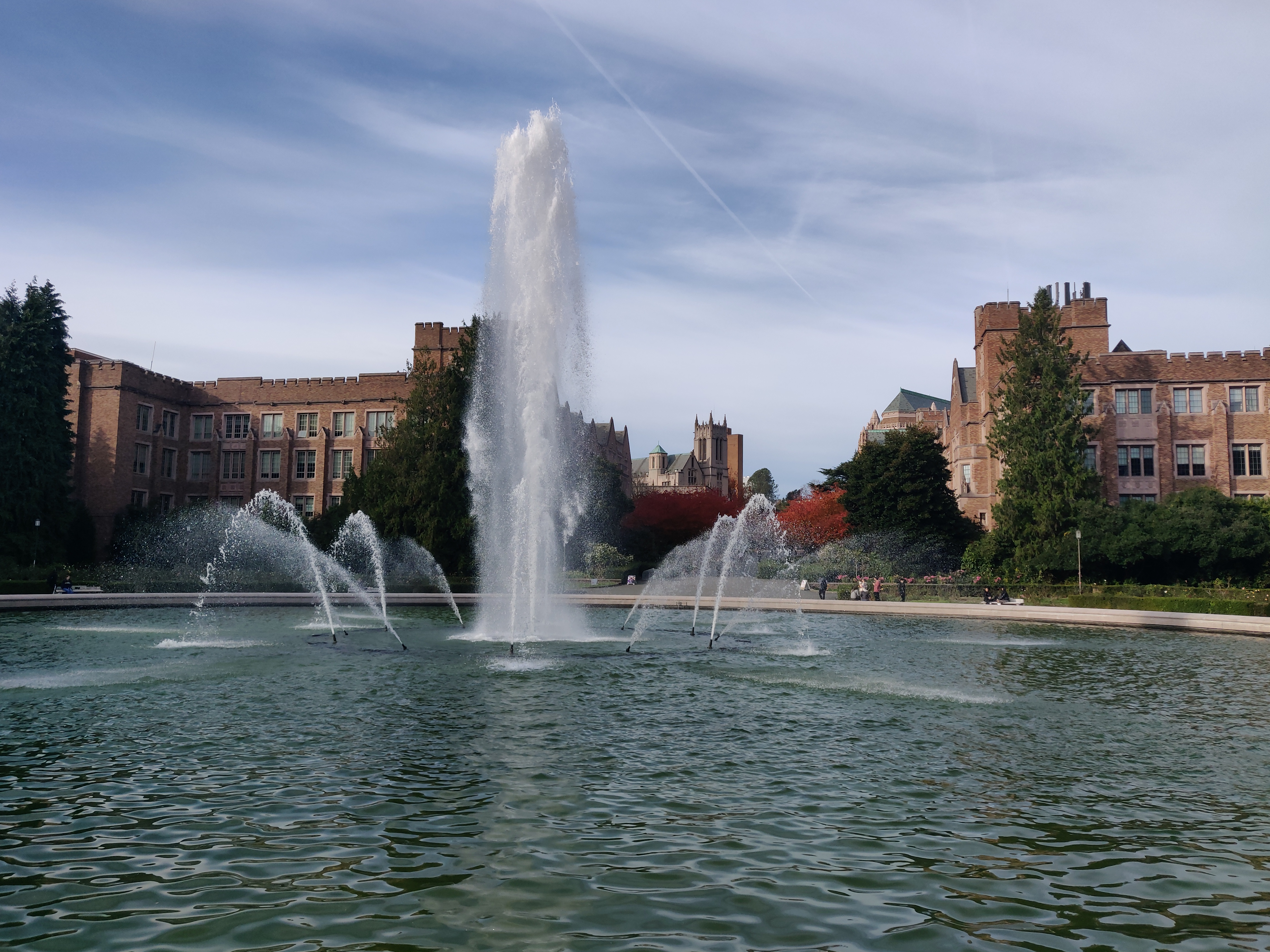 Washington university water fountain with old architecture in the back