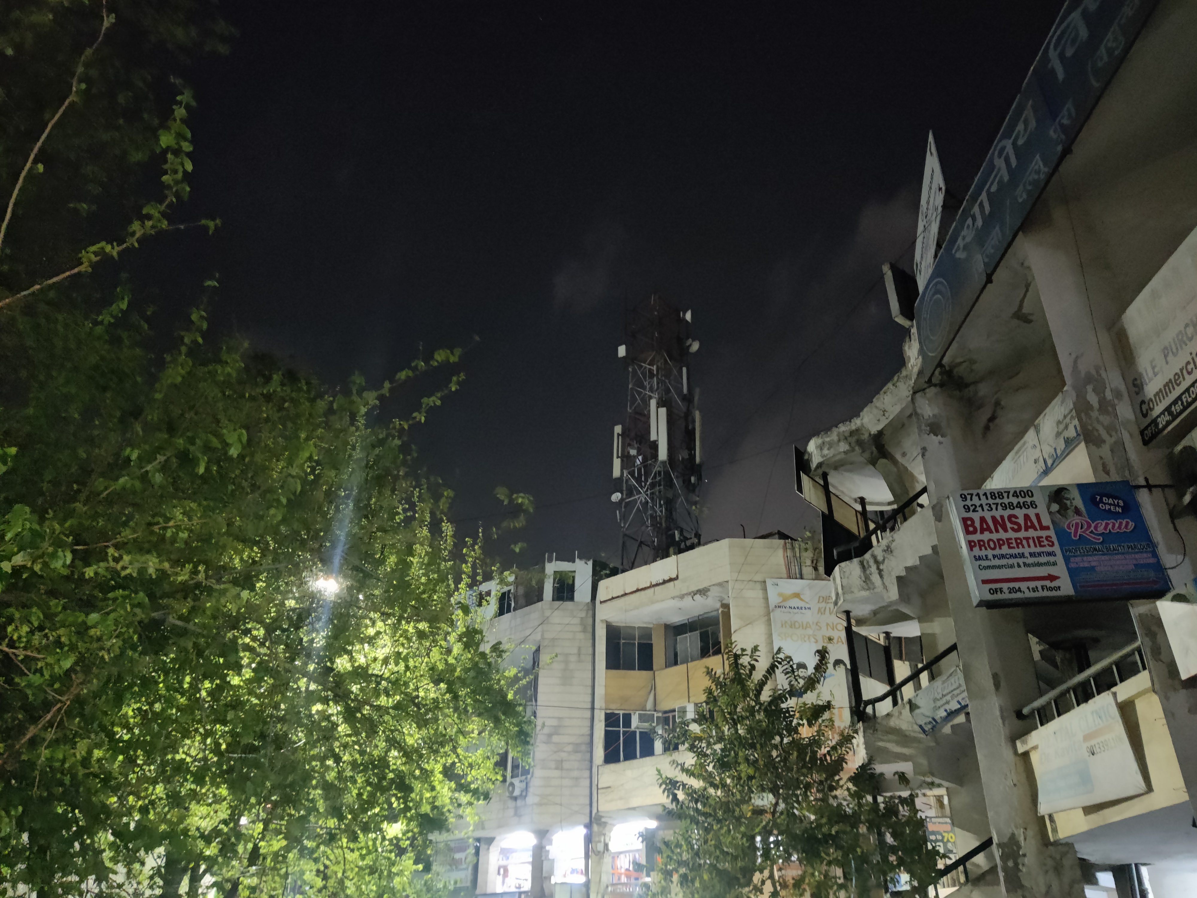 Picture depicting a wireless communication tower atop a market building next to a tree; I really liked this picture when I took it, because it made everything around me seem very large.