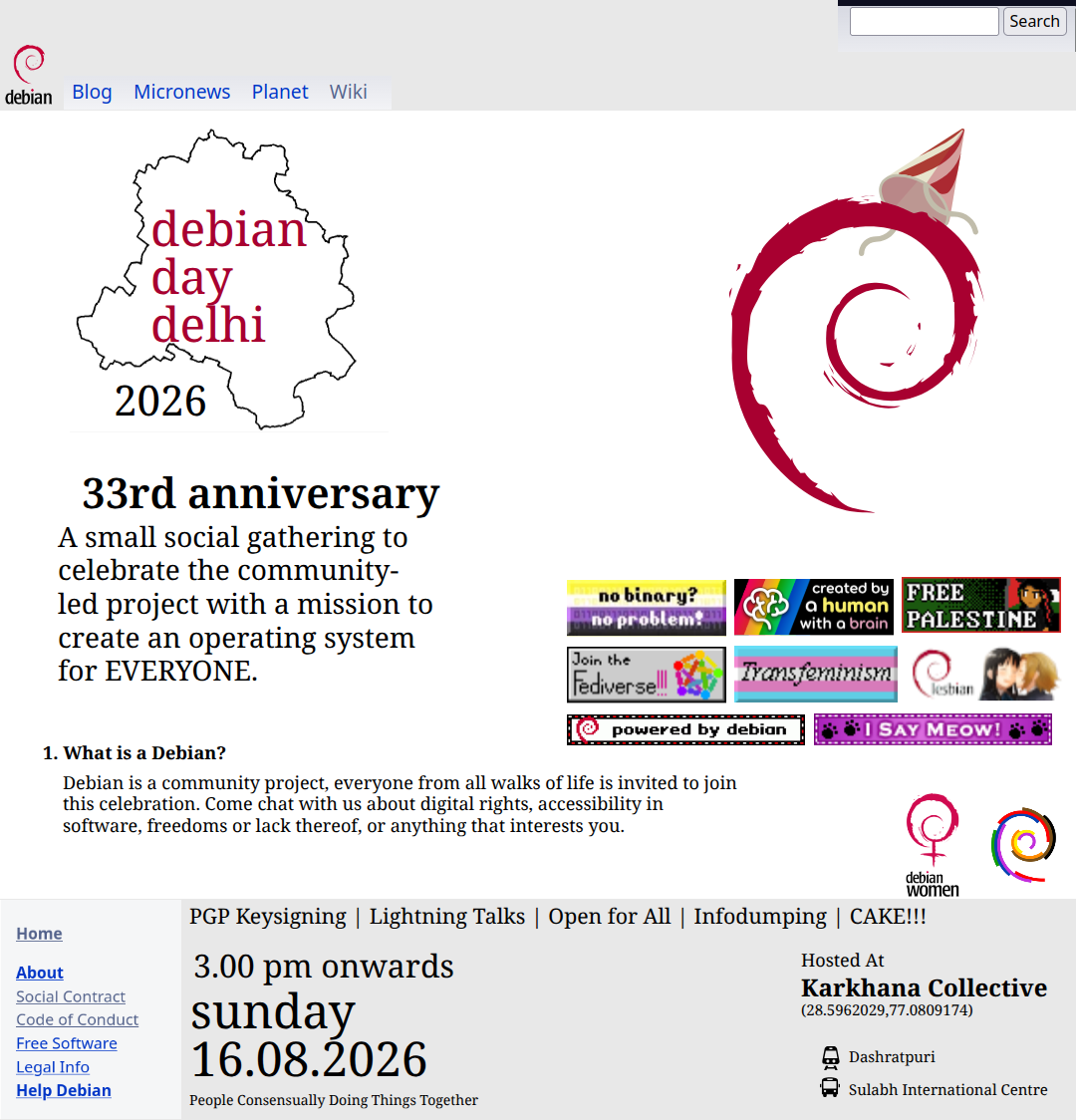 Debian Day Delhi poster. 33rd anniversary. Bunch of stickers are visible.