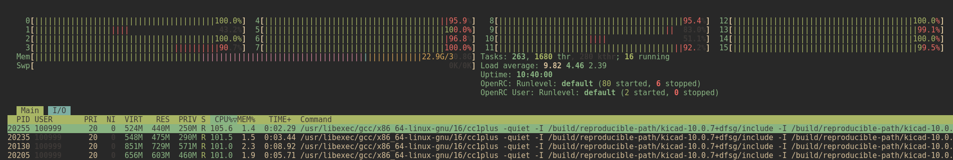 An htop screensshot showing 25GB RAM usage and heavy CPU load. The main threads is compiling KiCad