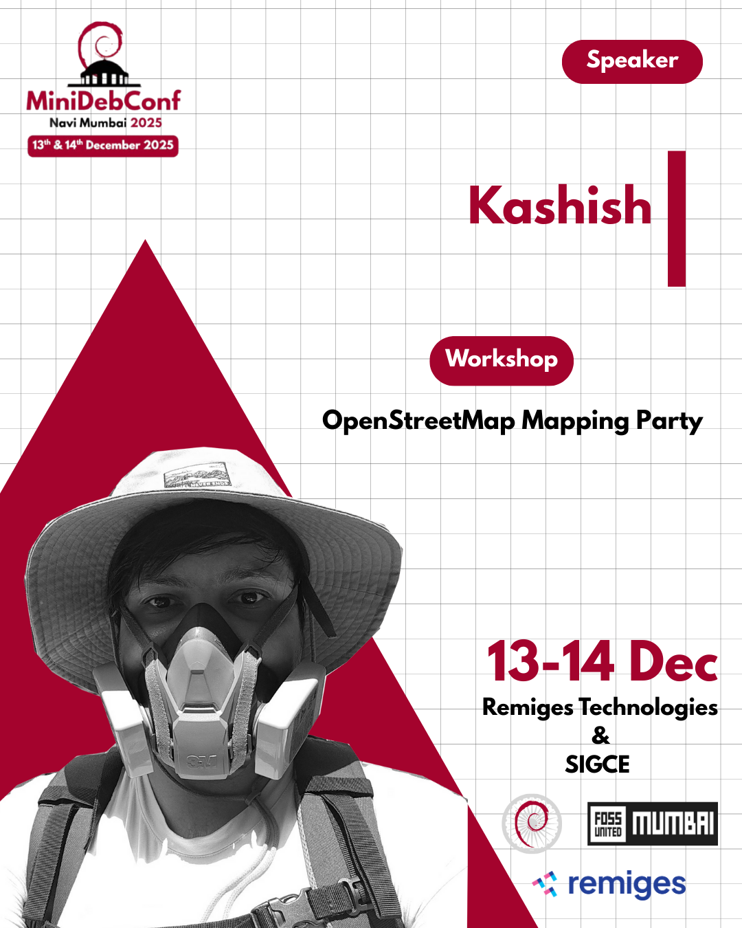 A banner for MiniDebConf Navi Mumbai 2025 scheduled on the 13th and 14th December, with the speaker details for Kashish, hosting an OpenStreetMap Mapping Party