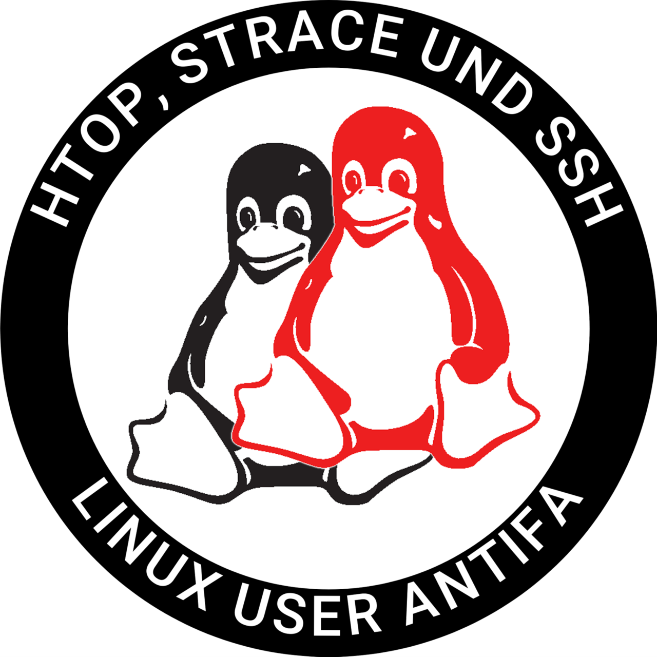 An antifa logo with tux stating "htop, trace and ssh linux user anifa'